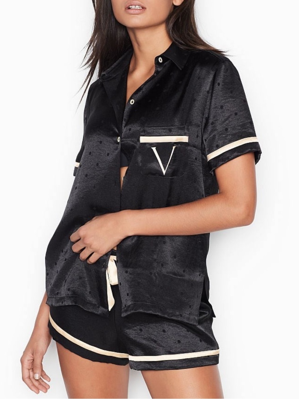 Victoria's Secret Black Satin Swiss Dots Button Up Short Sleeve Pajama Top Sz M